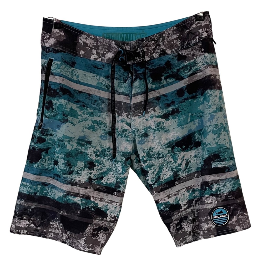 Pelagic Mens Argonaut Reefer Boardshorts Blue Grey Camo Striped Performance‎ 30
